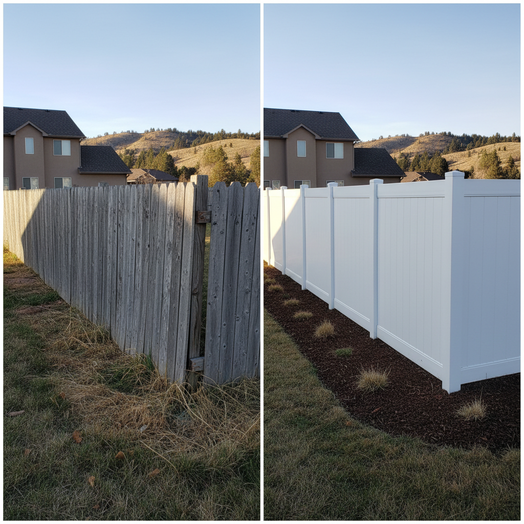 Completed vinyl fence installation work at a residential property in Sturgis, SD
