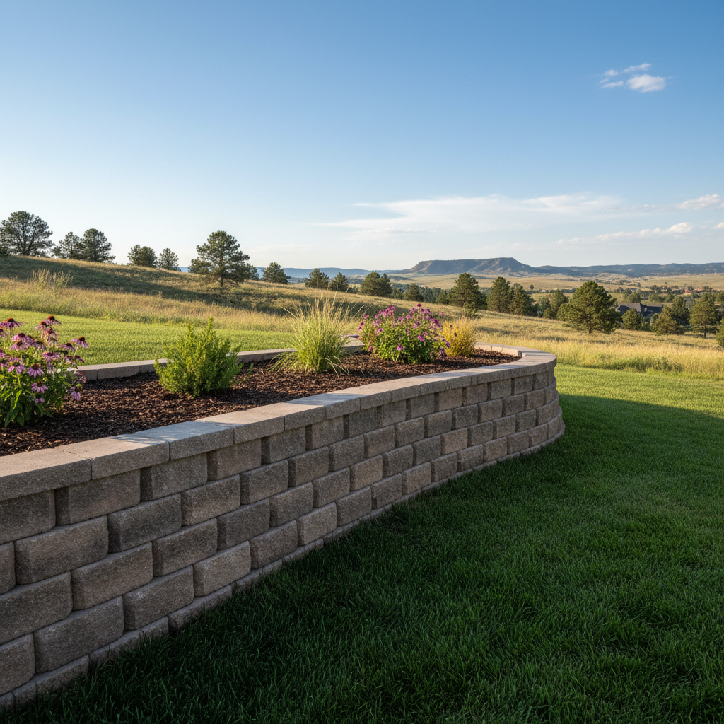 Completed retaining wall construction work at a residential property in Rapid City, SD