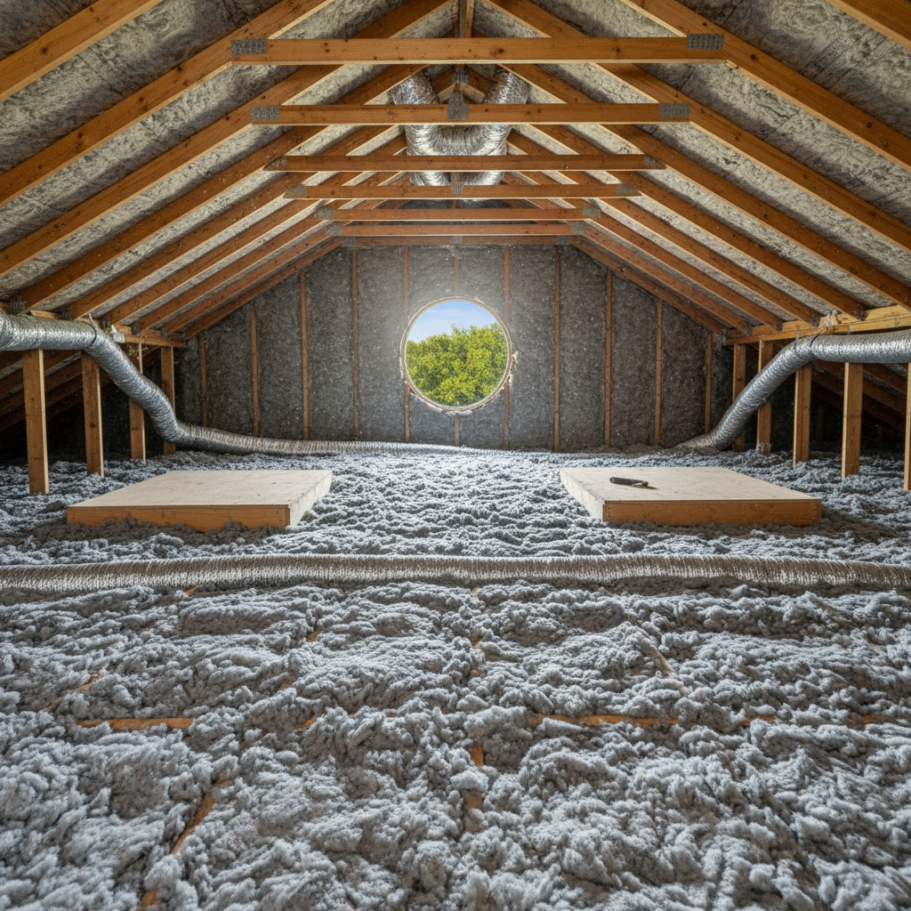 Completed attic insulation work at a residential property in Irving, TX