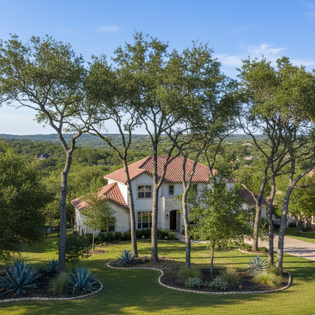 Completed tree pruning work at a residential property in Bee Cave, TX