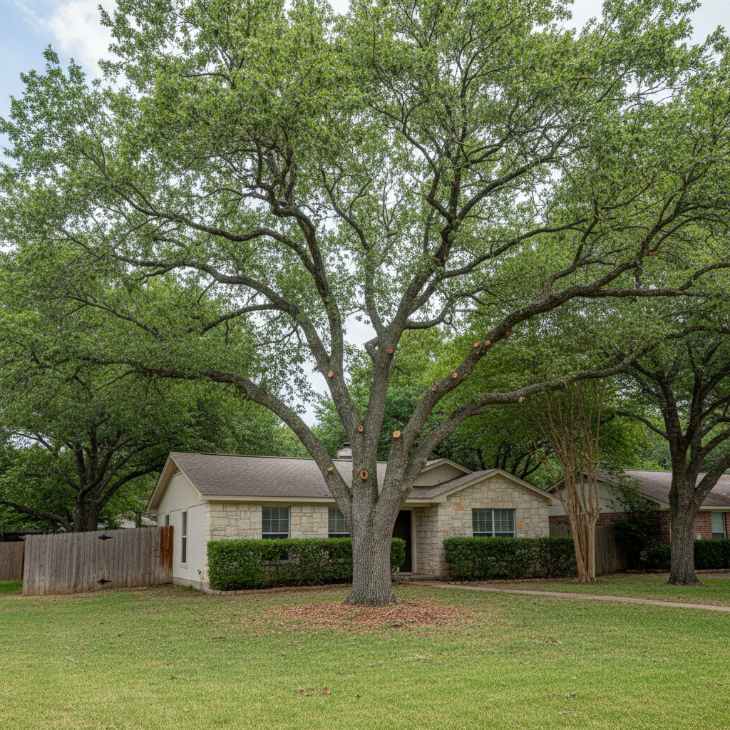 Completed tree pruning work at a residential property in Bee Cave, TX
