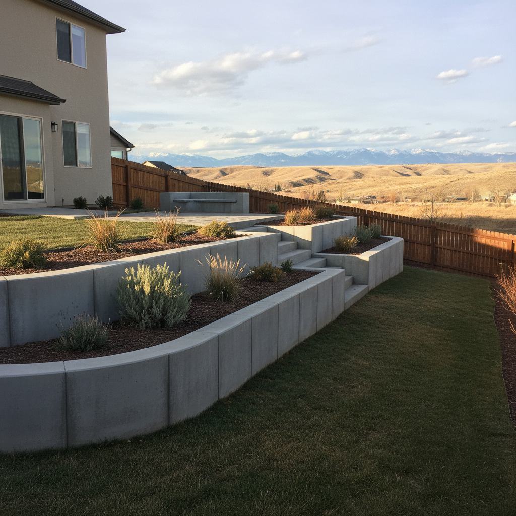 Completed concrete retaining walls work at a residential property in West Jordan, UT