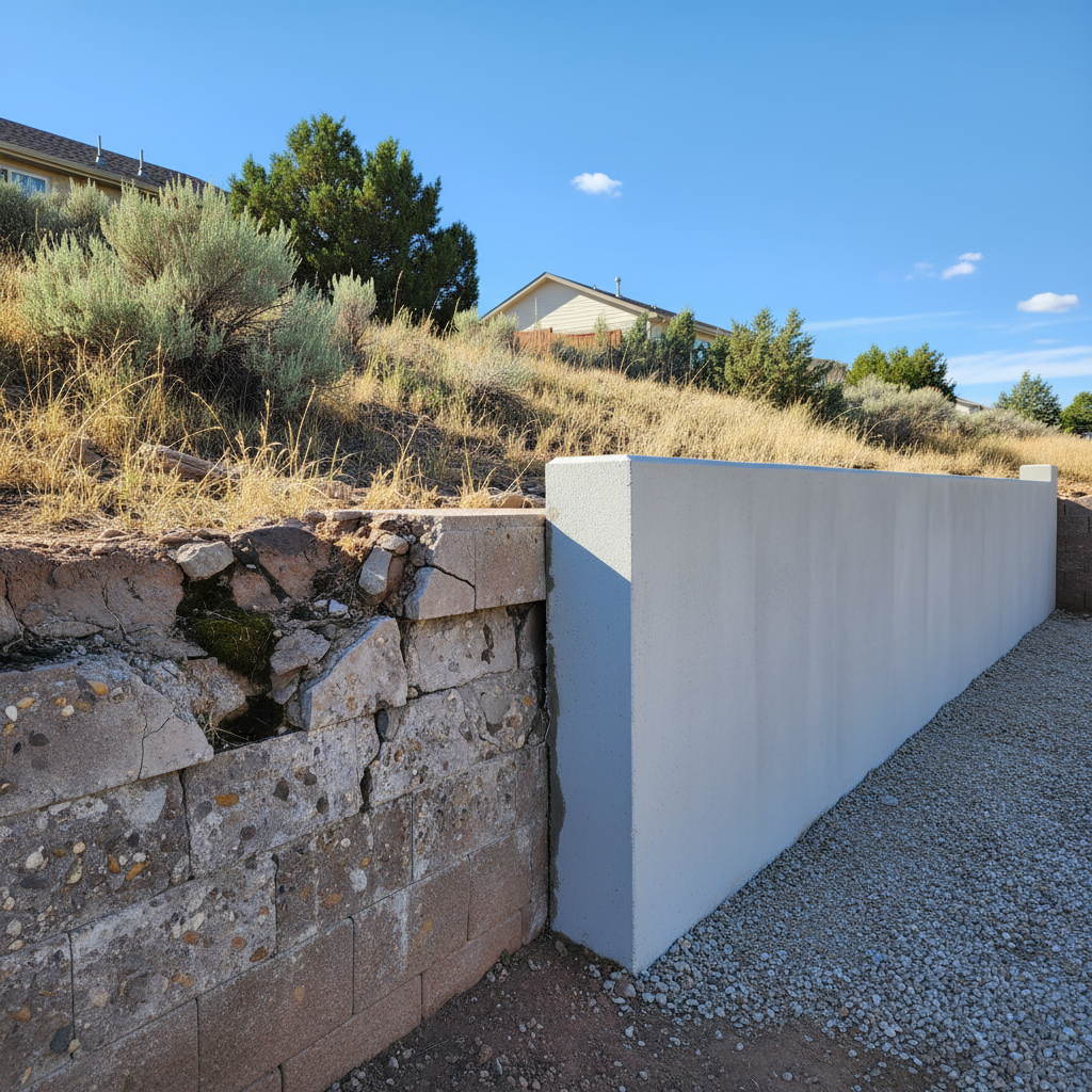 Completed concrete retaining walls work at a residential property in West Jordan, UT