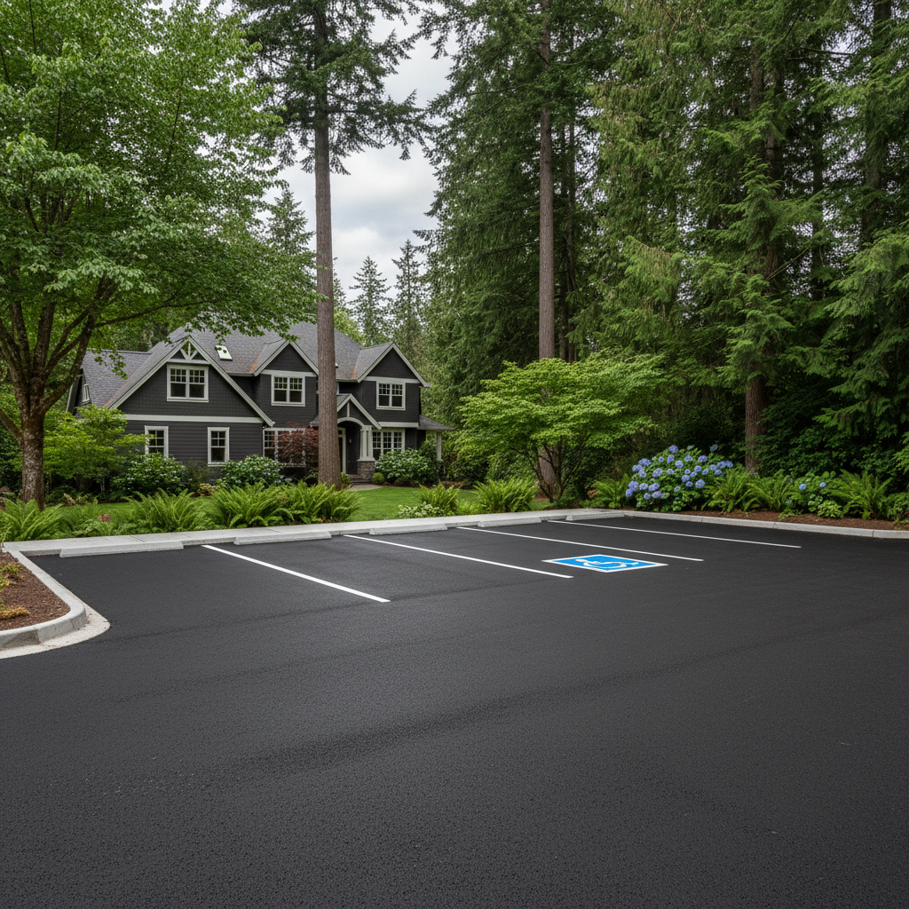 Completed parking lot paving work at a residential property in Redmond, WA