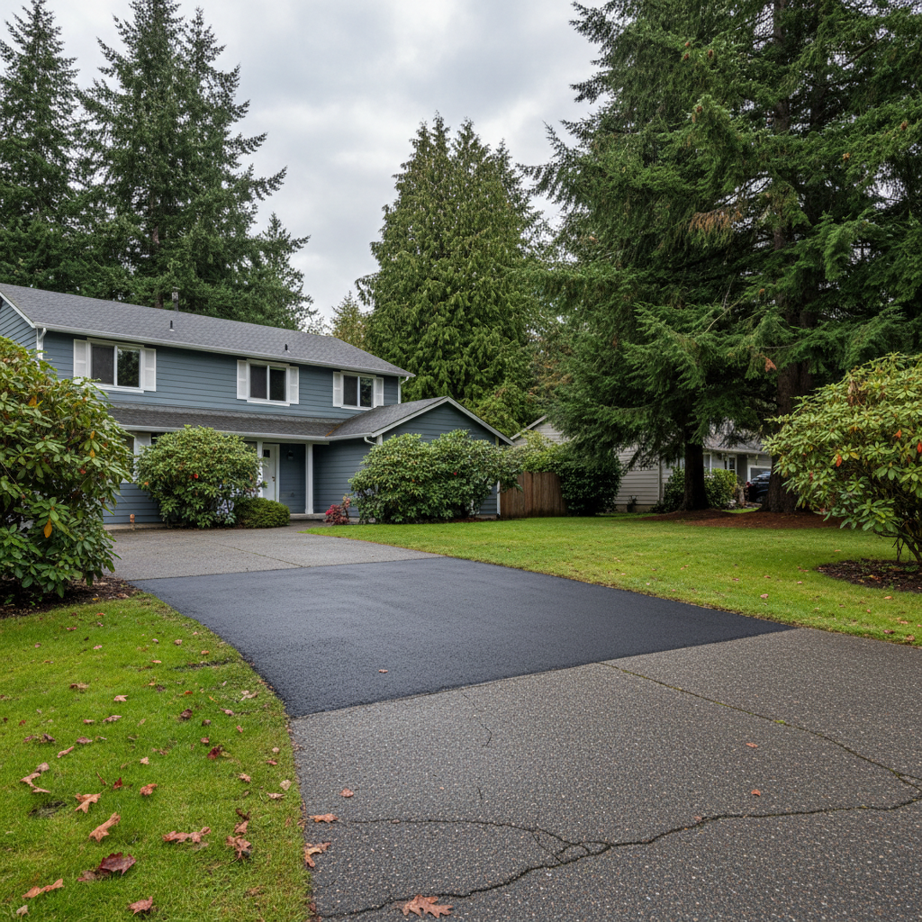 Completed asphalt patching work at a residential property in Lakewood, WA