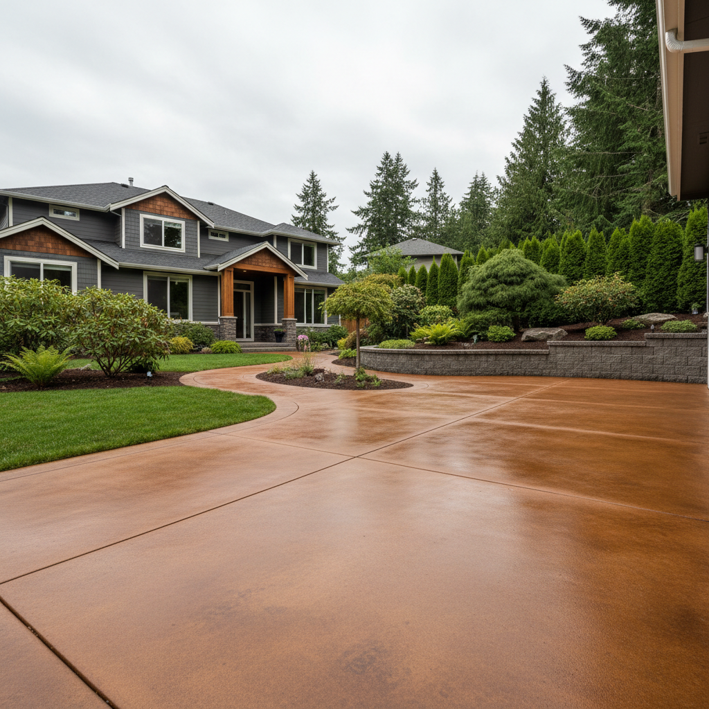Completed concrete staining work at a residential property in Redmond, WA