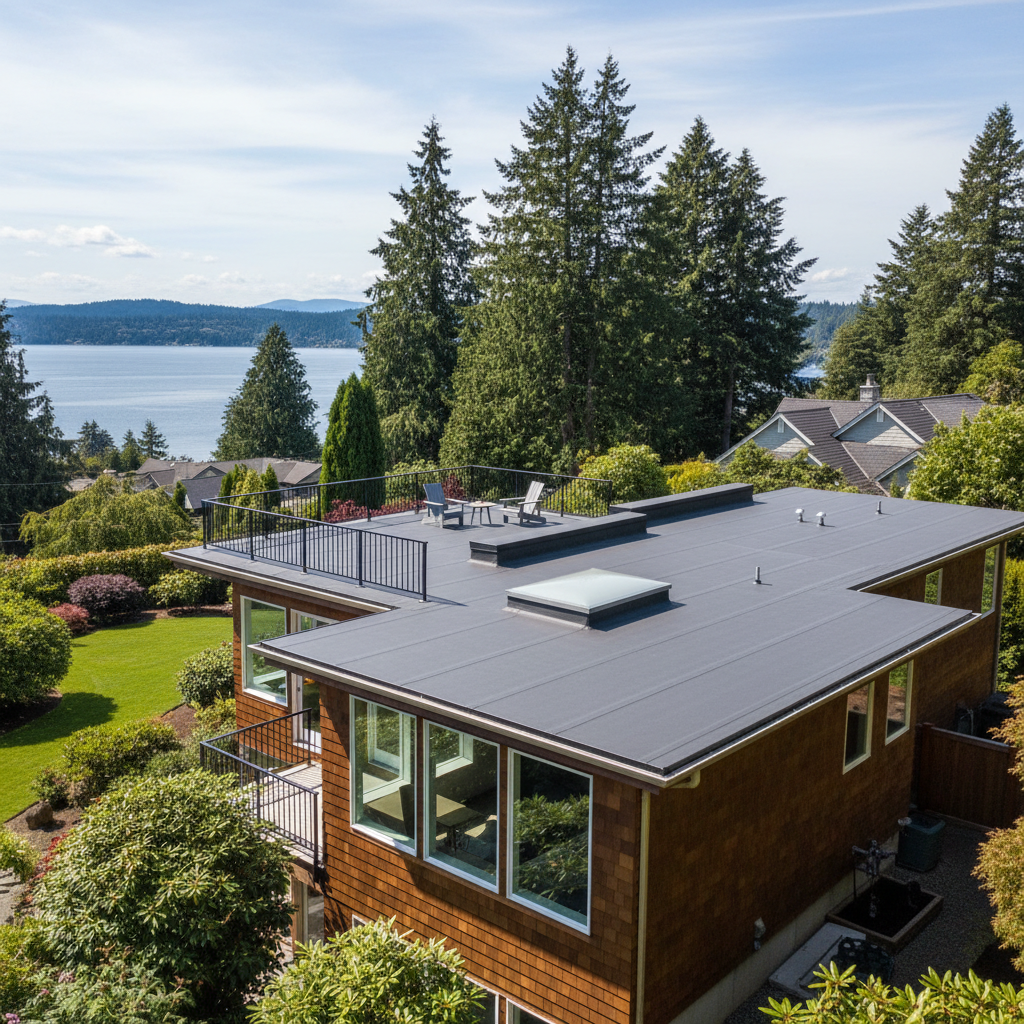 Completed flat roofing work at a residential property in Mercer Island, WA