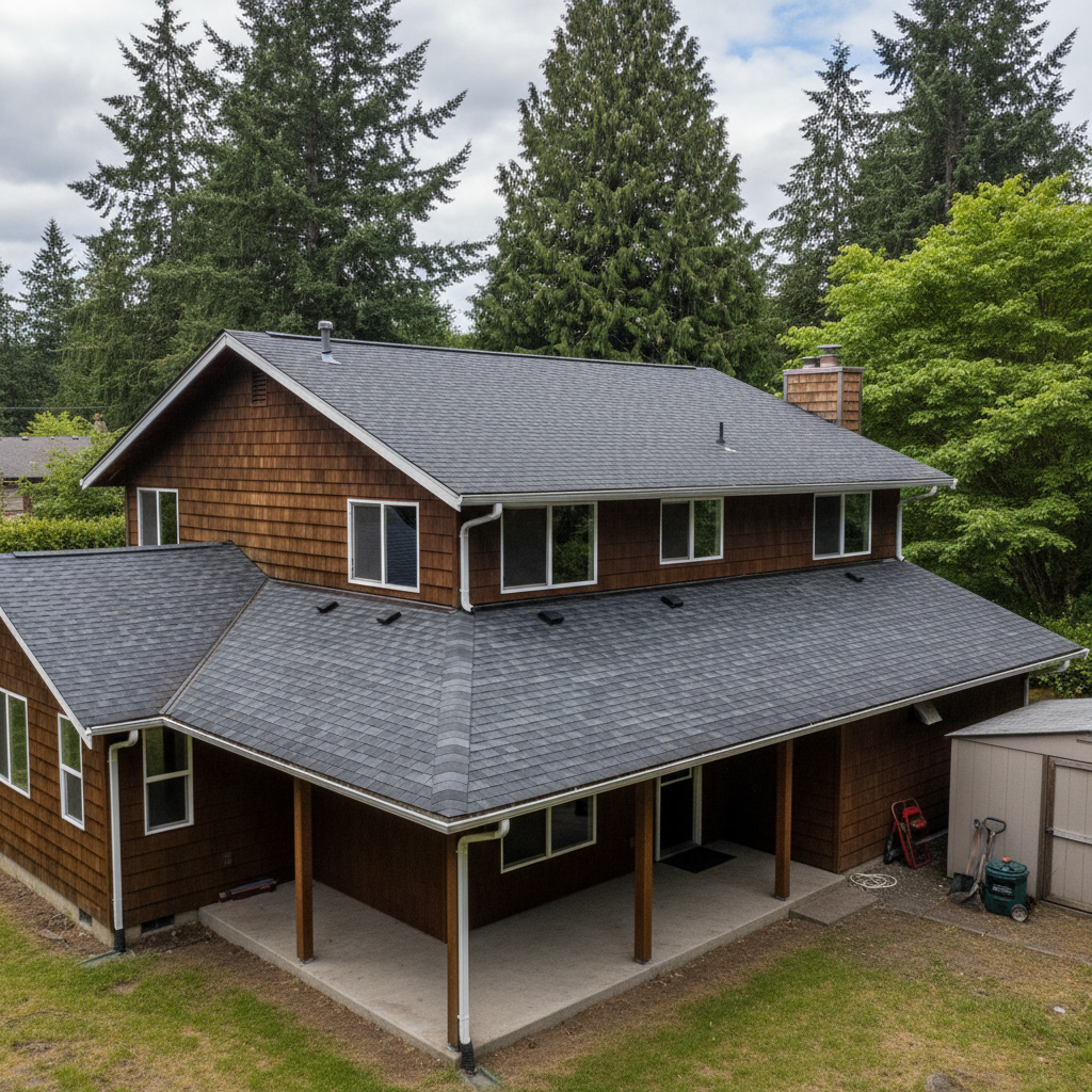 Completed asphalt shingle roofing work at a residential property in Shoreline, WA