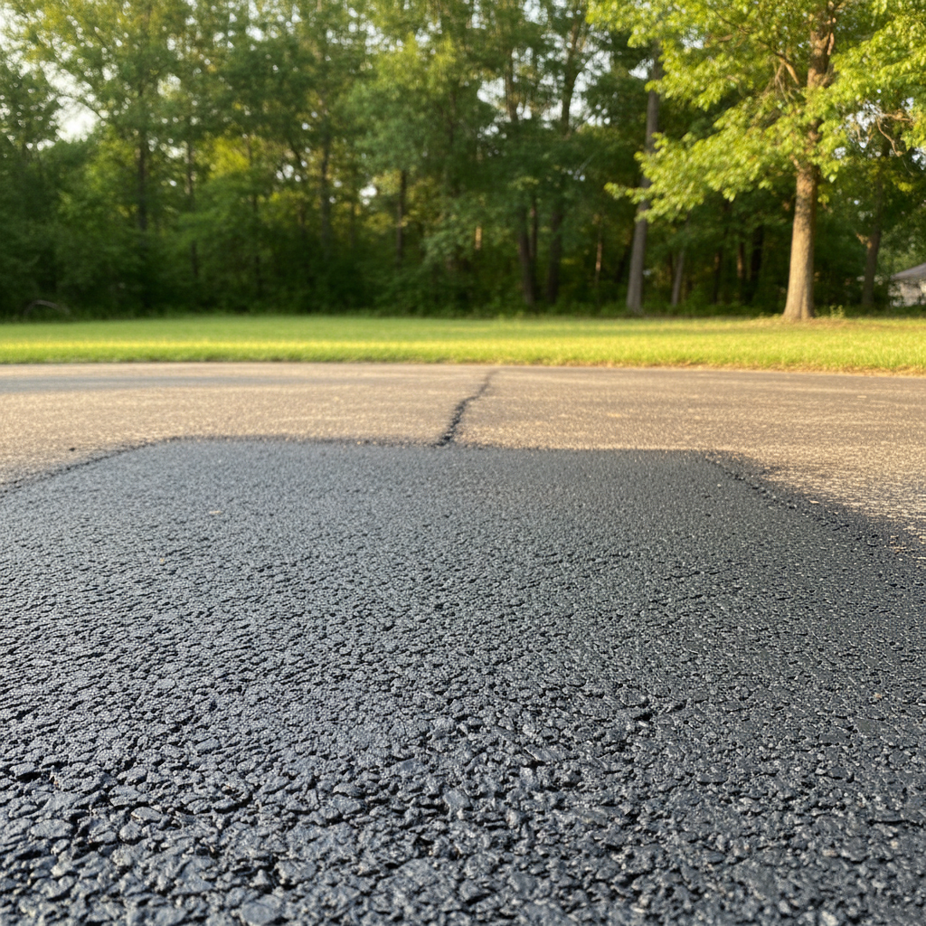 Completed asphalt repair work at a residential property in New Caney, TX