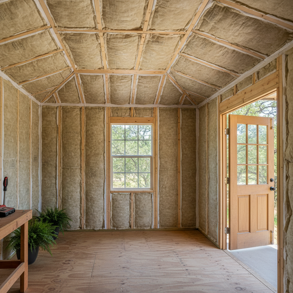 Completed shed insulation work at a residential property in New Braunfels, TX