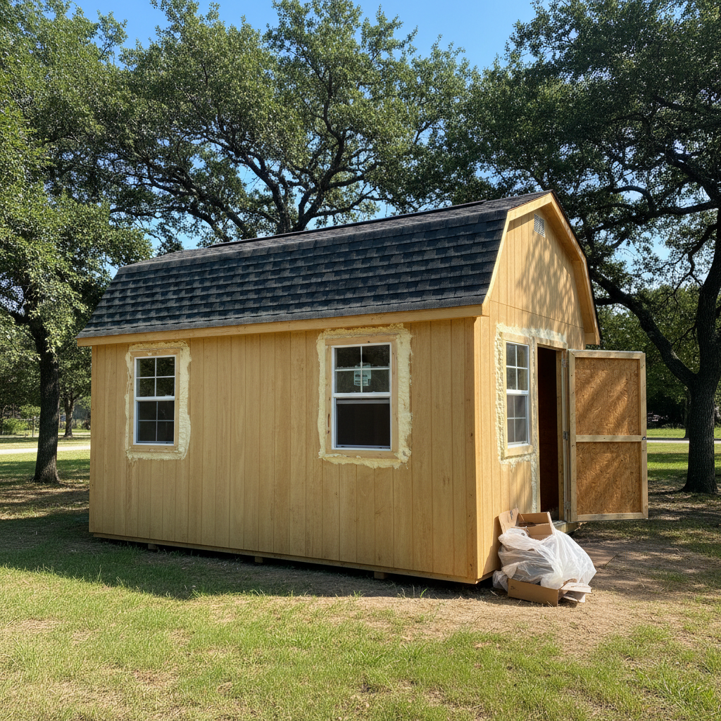Completed shed insulation work at a residential property in New Braunfels, TX