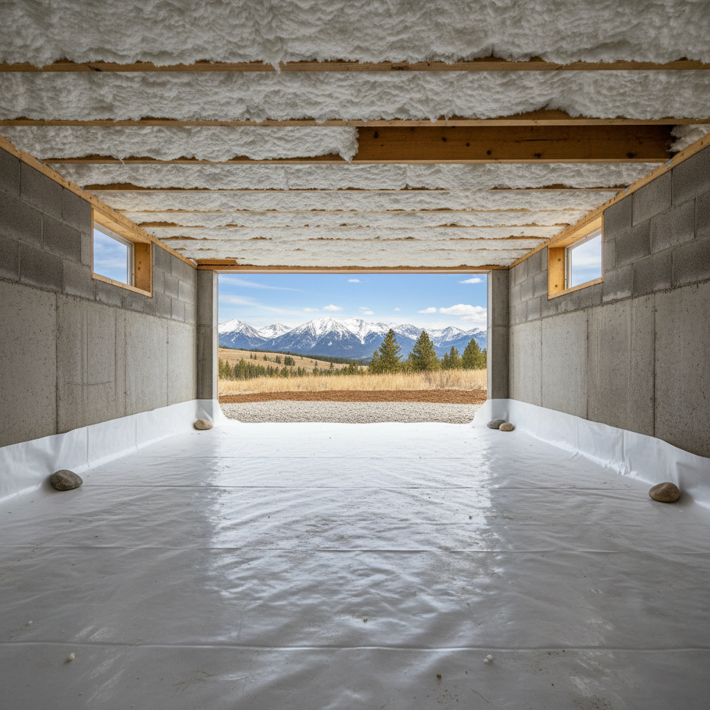 Completed crawl space insulation work at a residential property in Big Sky, MT