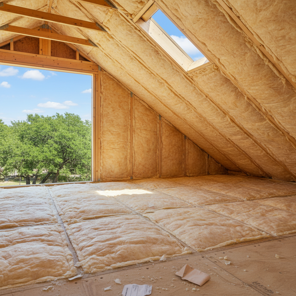 Completed batt insulation installation work at a residential property in Kyle, TX