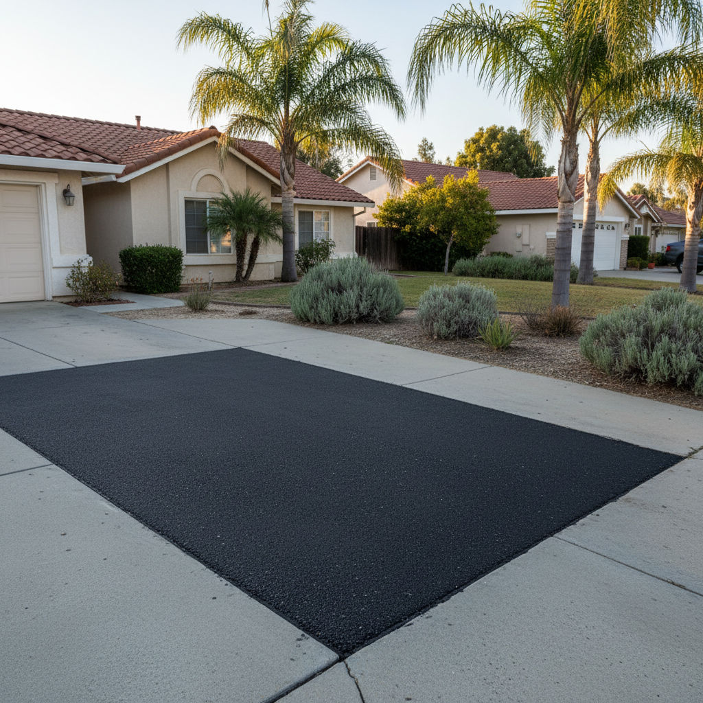 Completed asphalt patching work at a residential property in Placentia, CA