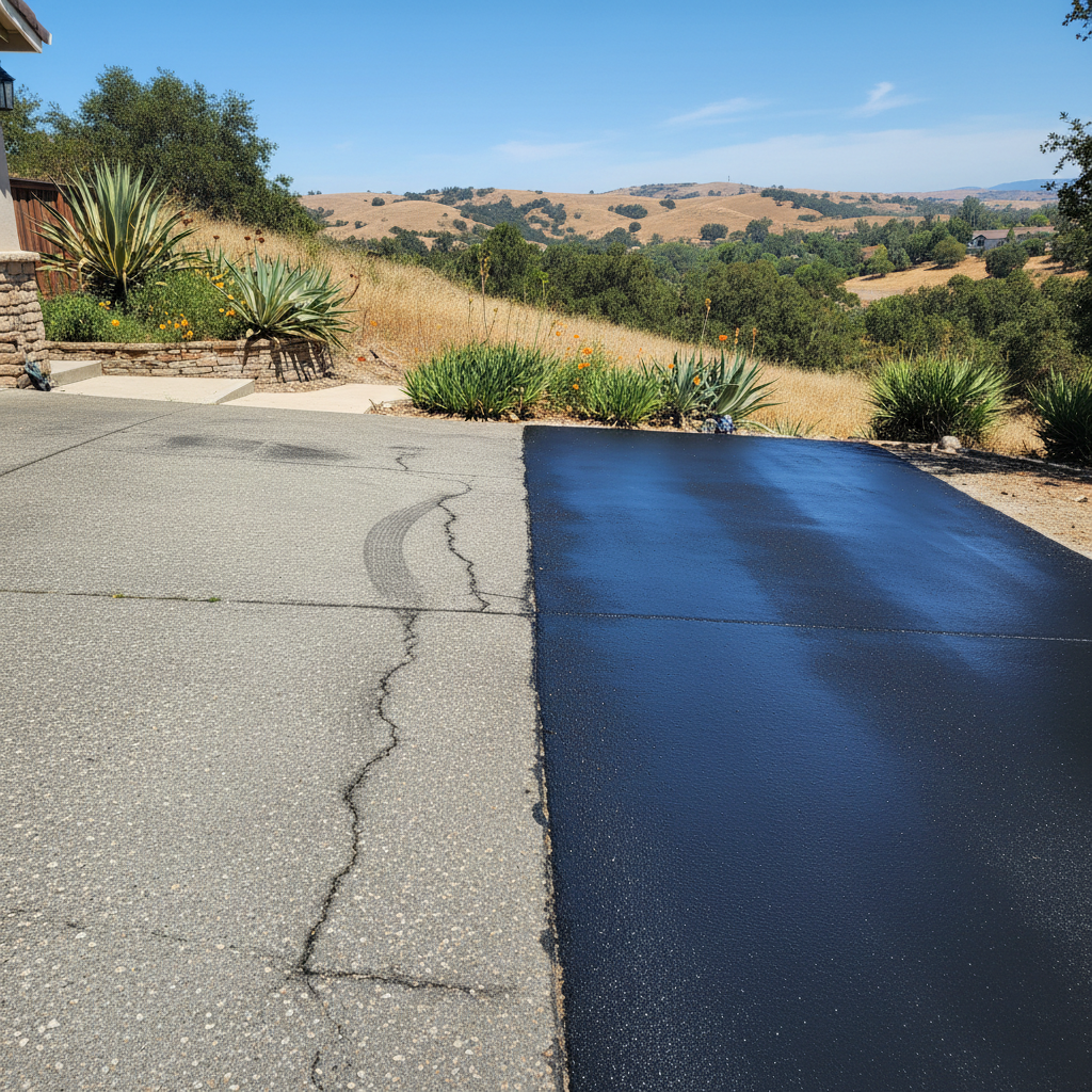 Completed asphalt sealcoating work at a residential property in San Marcos, CA