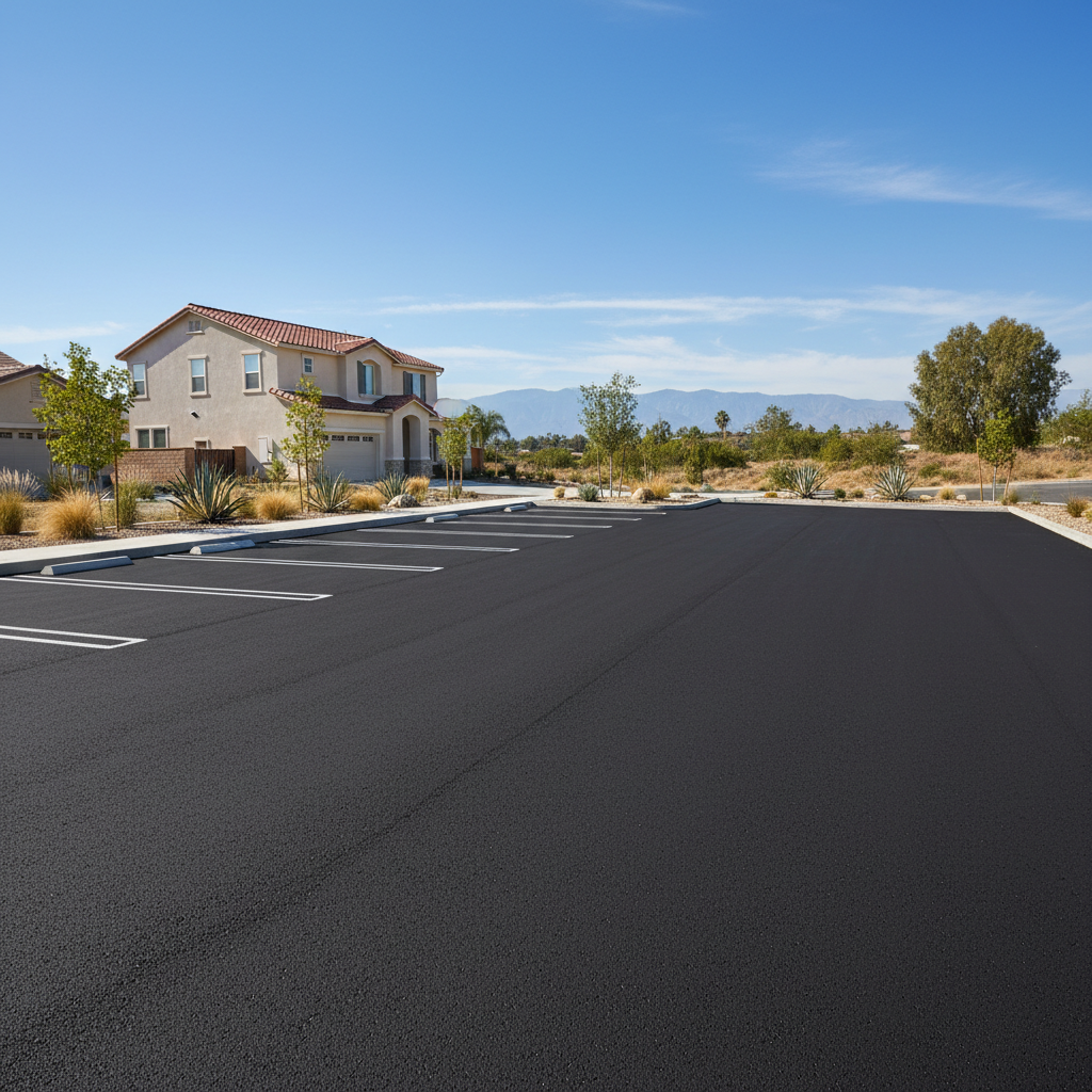 Completed parking lot paving work at a residential property in Colton, CA