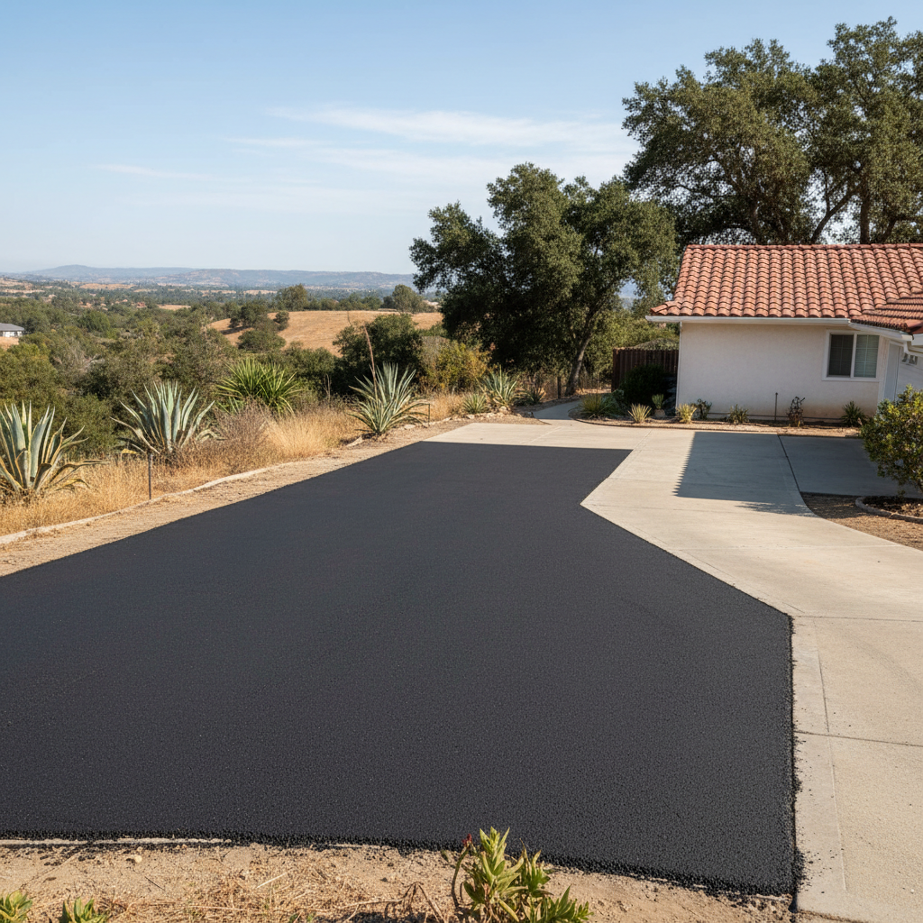 Completed asphalt repair work at a residential property in San Marcos, CA
