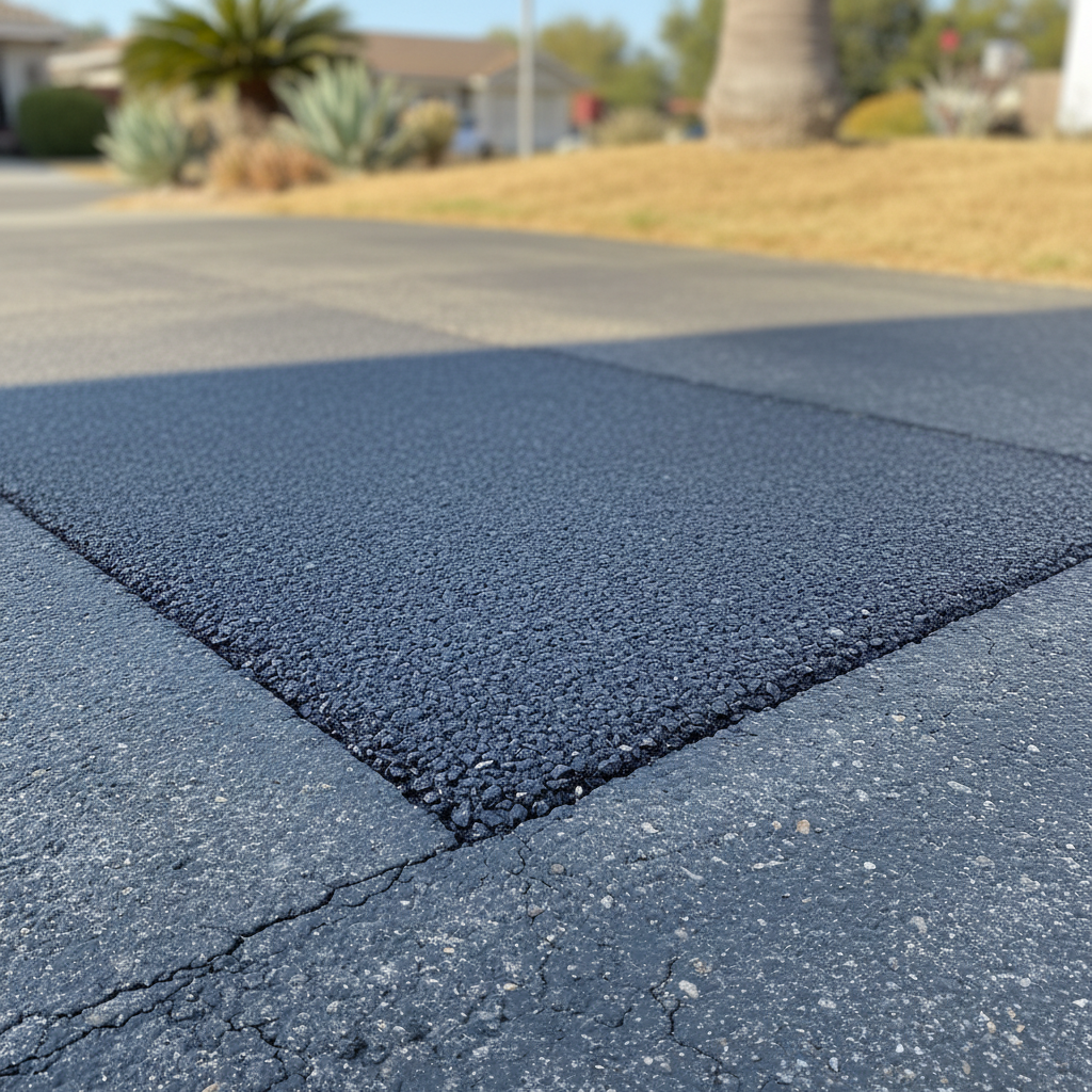 Completed asphalt repair work at a residential property in Huntington Beach, CA
