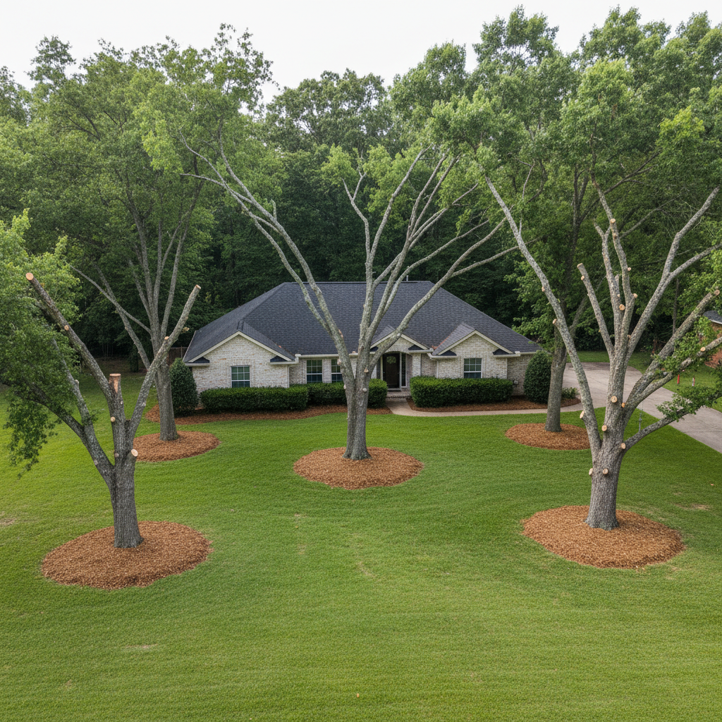 Completed tree pruning work at a residential property in Orange, TX