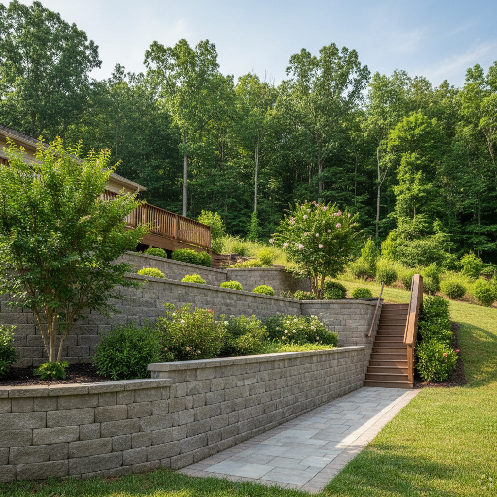 Completed concrete retaining walls work at a residential property in Oak Ridge, TN