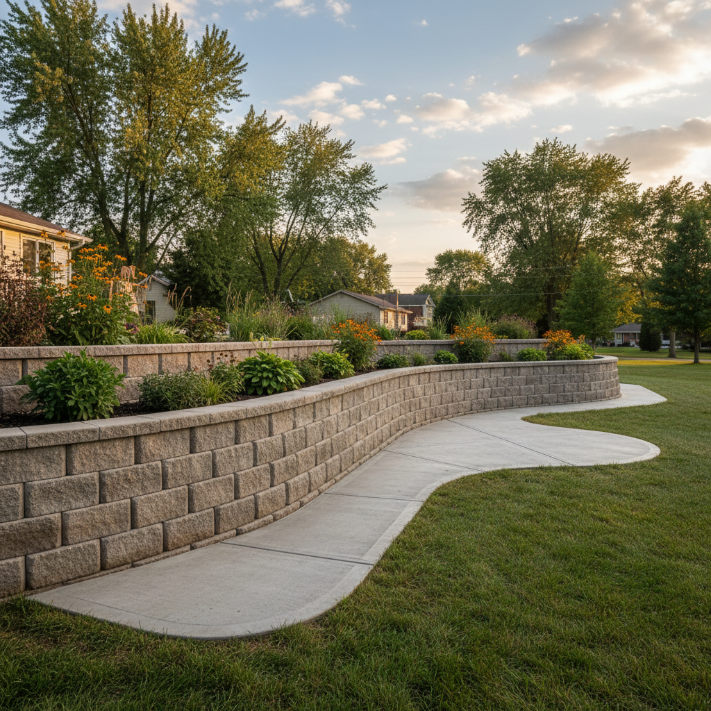 Completed concrete retaining walls work at a residential property in Schaumburg, IL