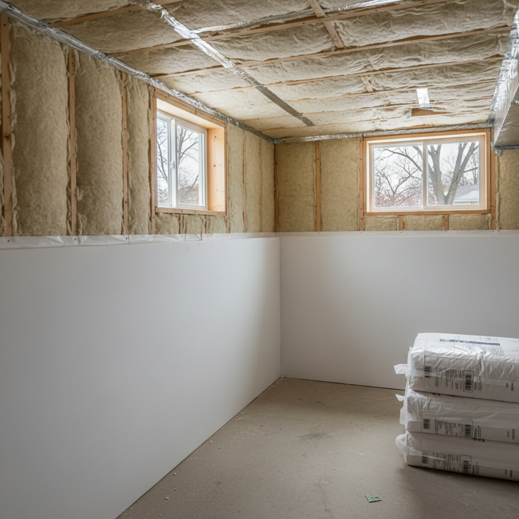 Completed basement insulation work at a residential property in Arlington Heights, IL