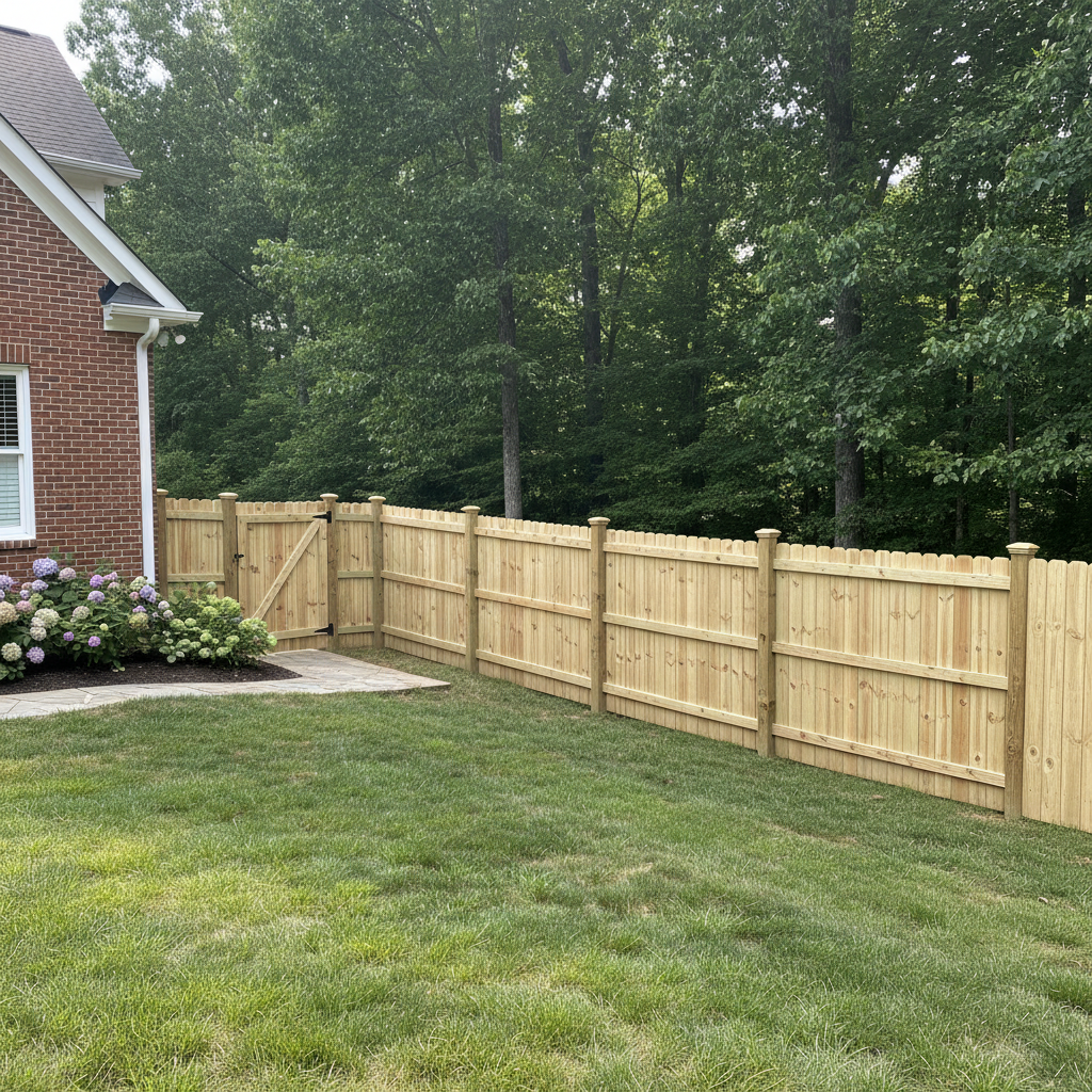 Completed wood fence installation work at a residential property in Rockford, TN