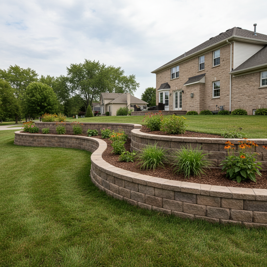 Completed concrete retaining walls work at a residential property in Waukegan, IL
