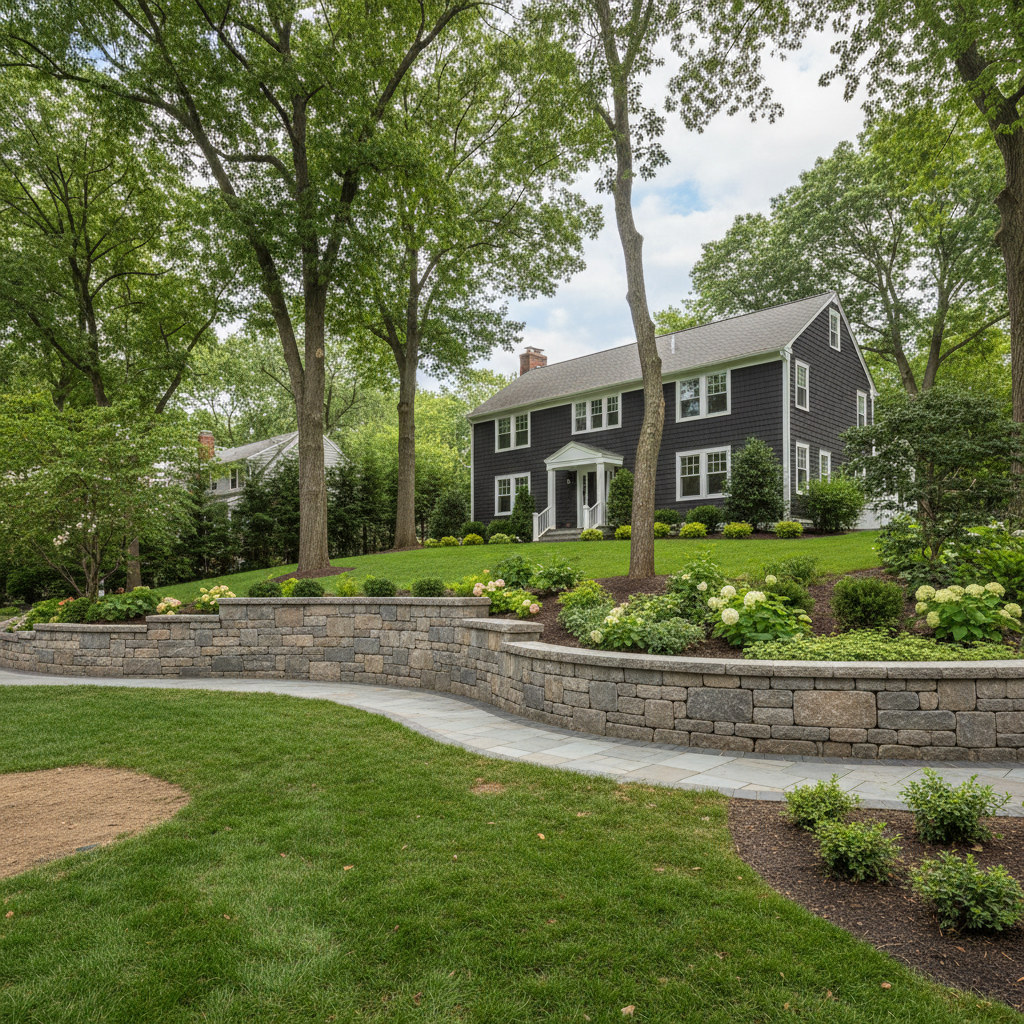 Completed retaining wall construction work at a residential property in Brookline, MA