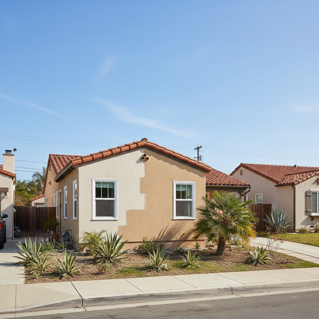 Completed stucco repair work at a residential property in Costa Mesa, CA