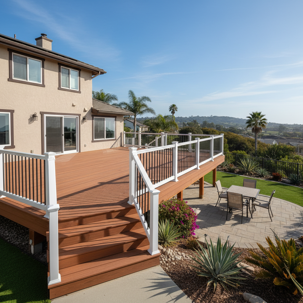 Completed deck construction work at a residential property in Oceanside, CA