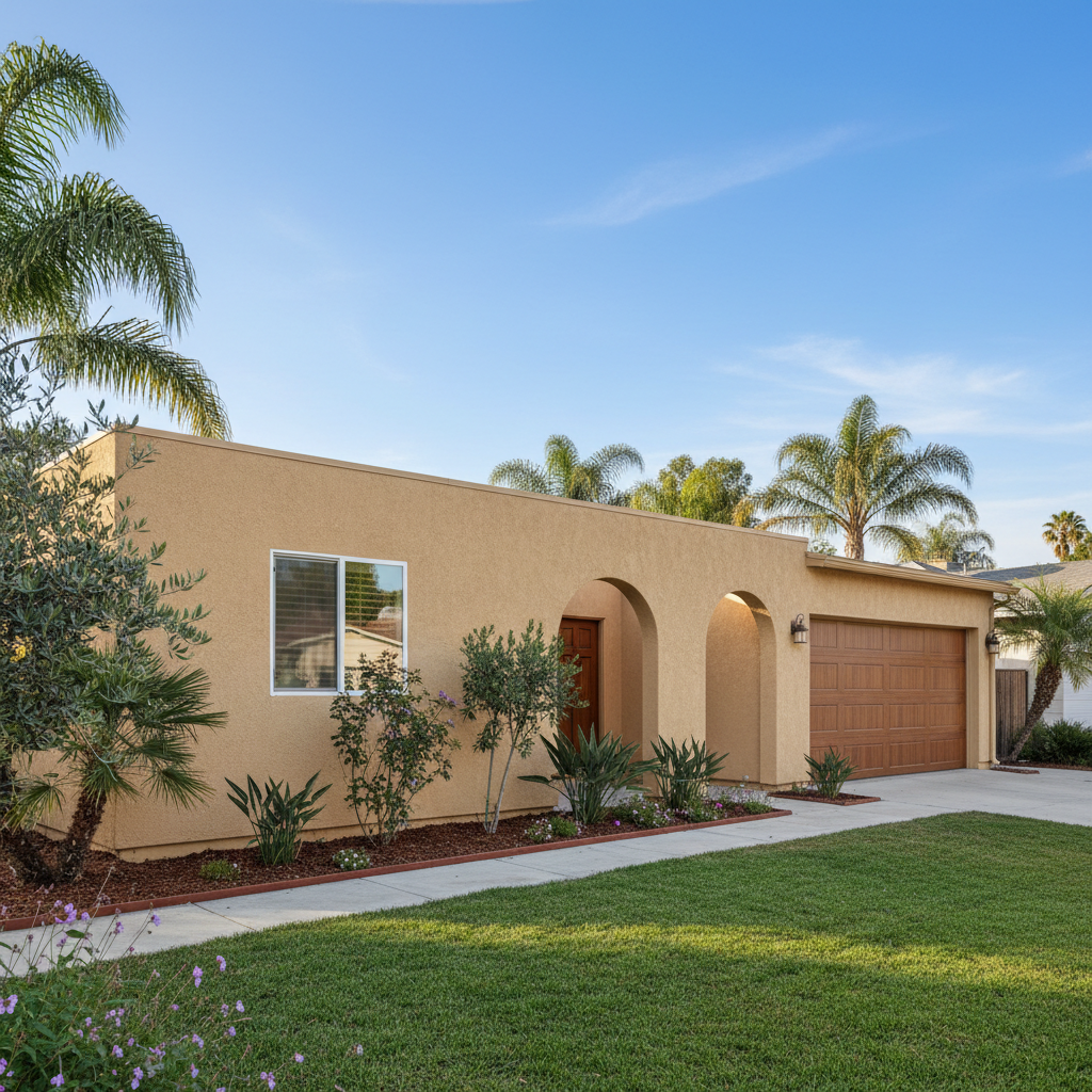 Completed stucco installation work at a residential property in Anaheim, CA