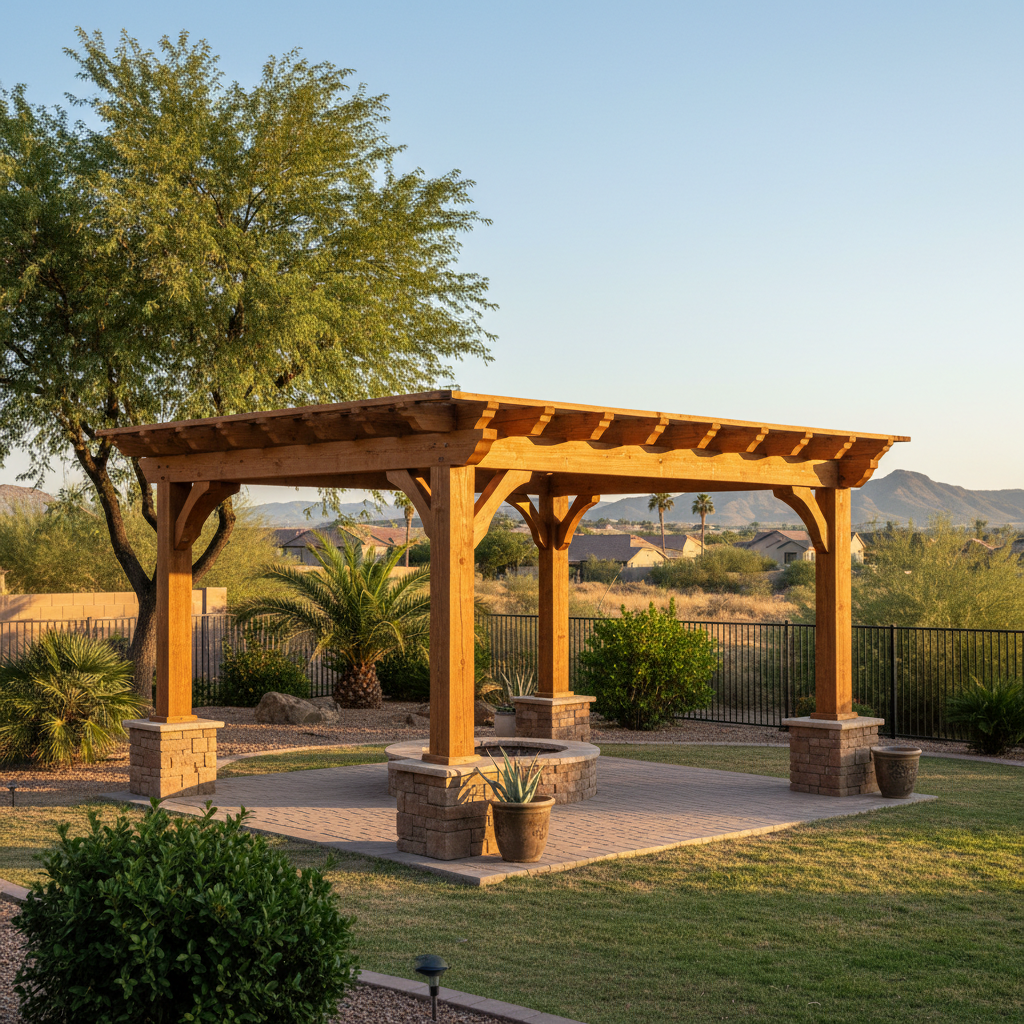 Completed pergola construction work at a residential property in Peoria, AZ