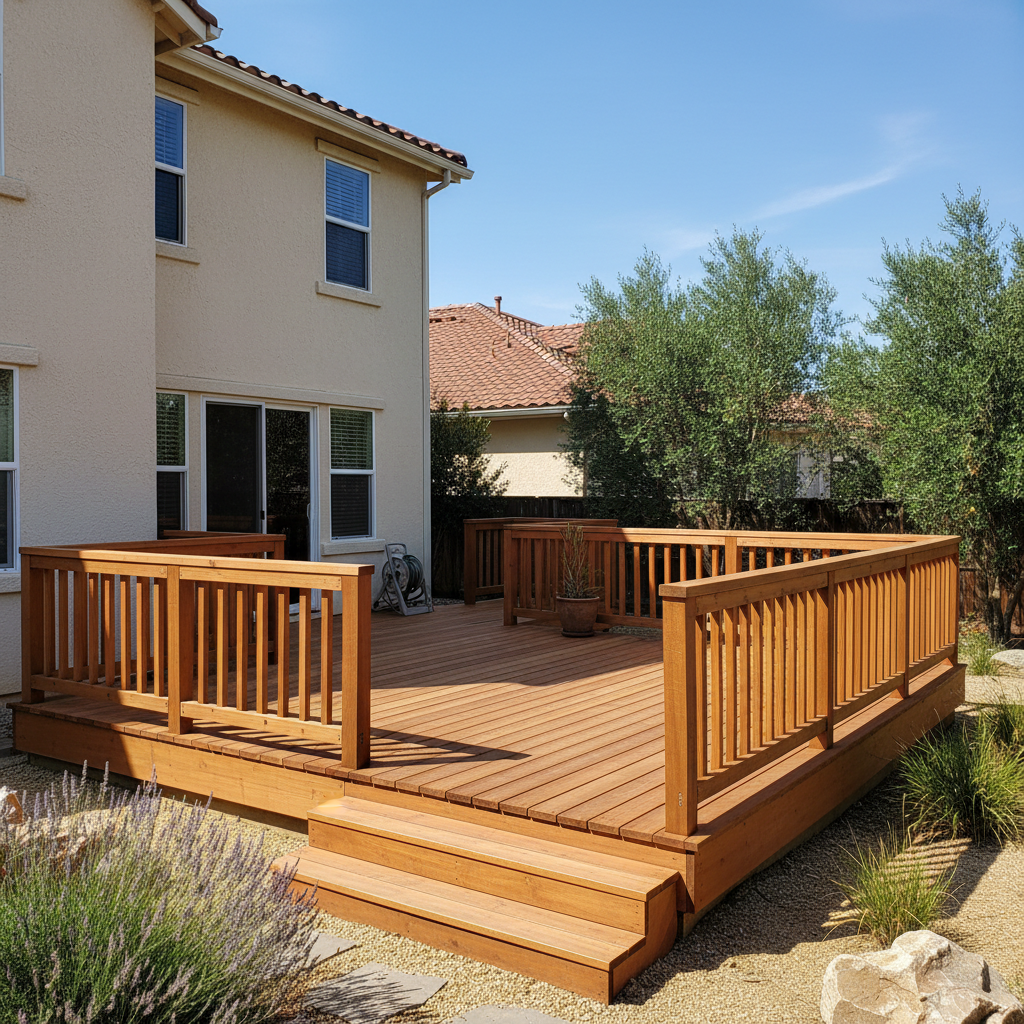 Completed deck construction work at a residential property in Fresno, CA