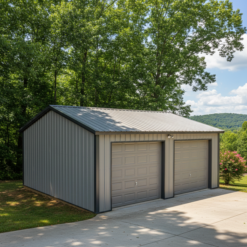 Completed metal frame garages work at a residential property in Knoxville, TN