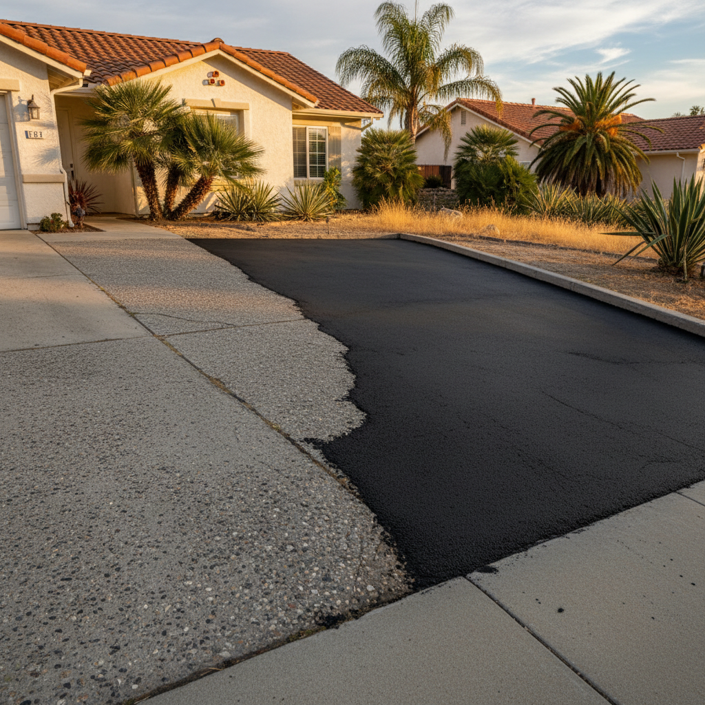 Completed asphalt repair work at a residential property in Garden Grove, CA