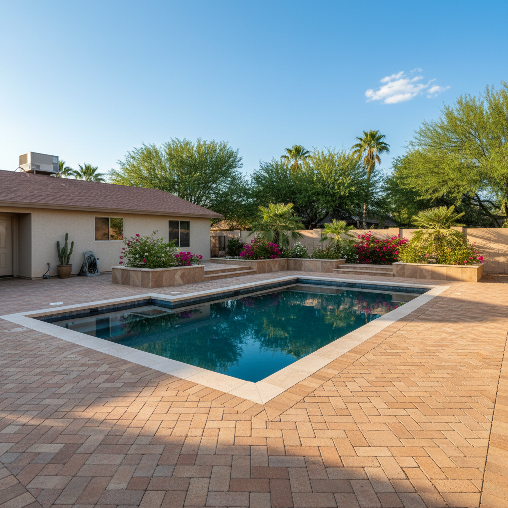 Completed pool decks work at a residential property in Peoria, AZ
