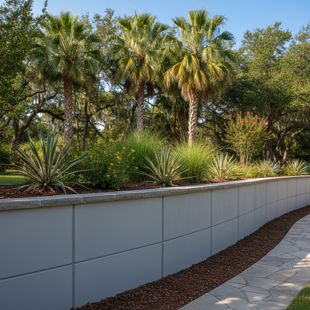 Completed concrete retaining walls work at a residential property in Corpus Christi, TX