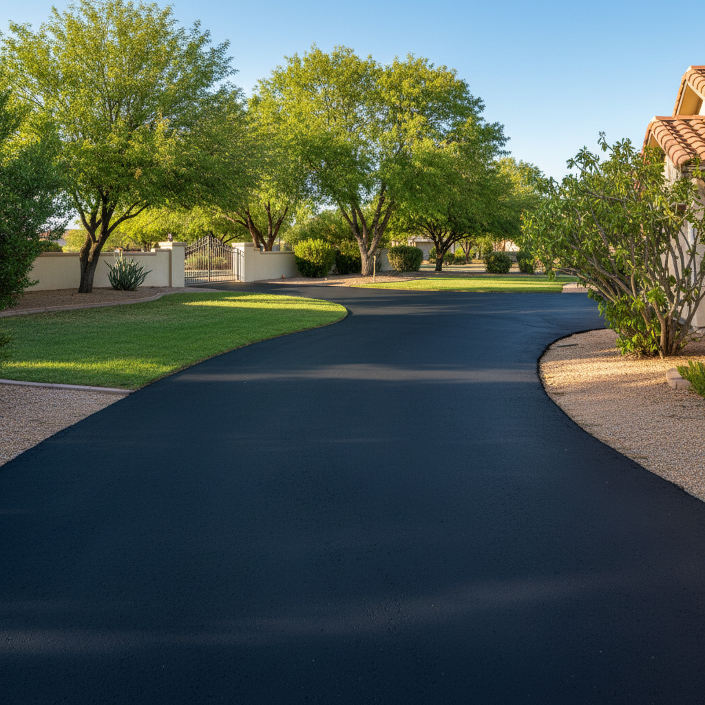 Completed asphalt sealcoating work at a residential property in Las Cruces, NM