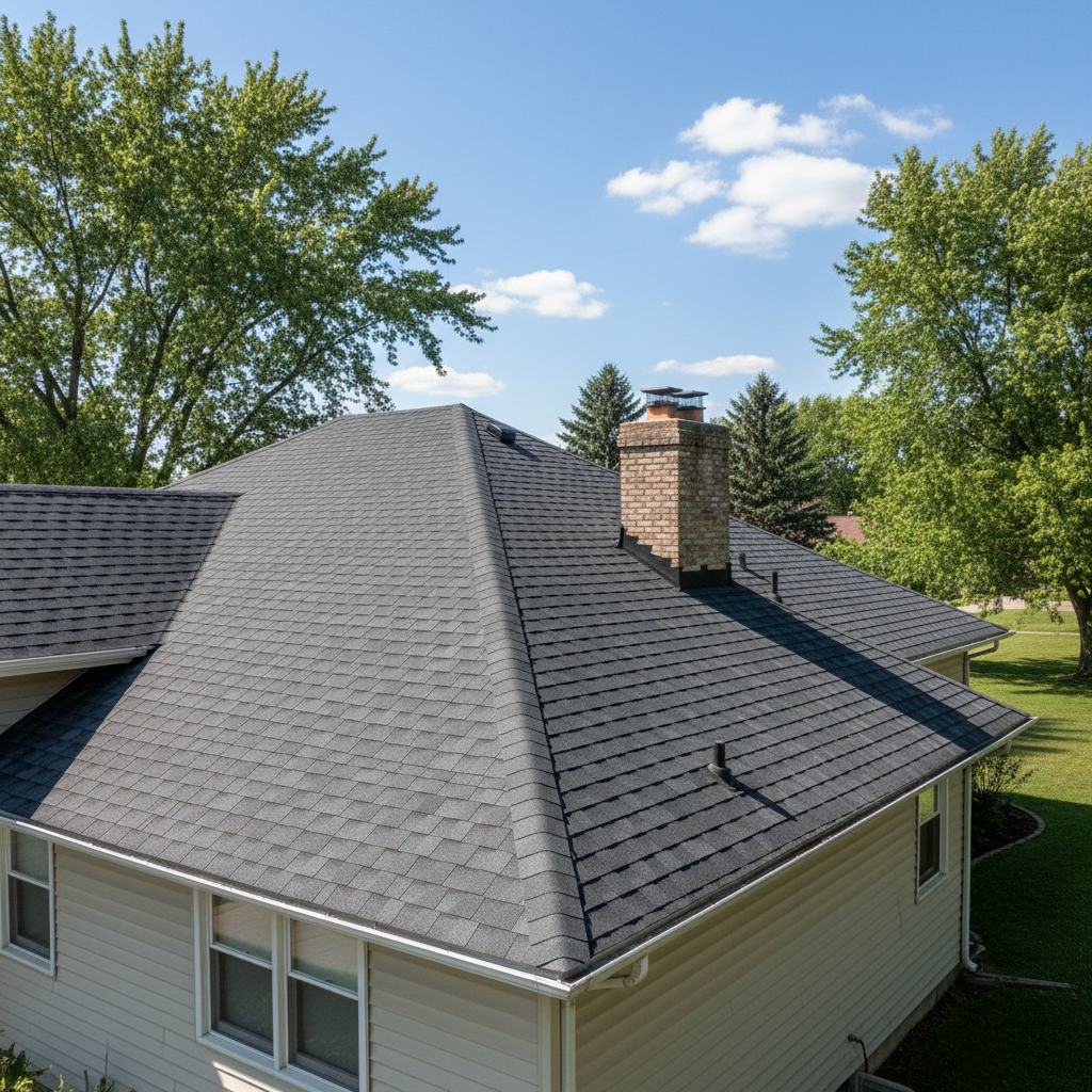 Completed asphalt shingle roofing work at a residential property in Columbus, NE