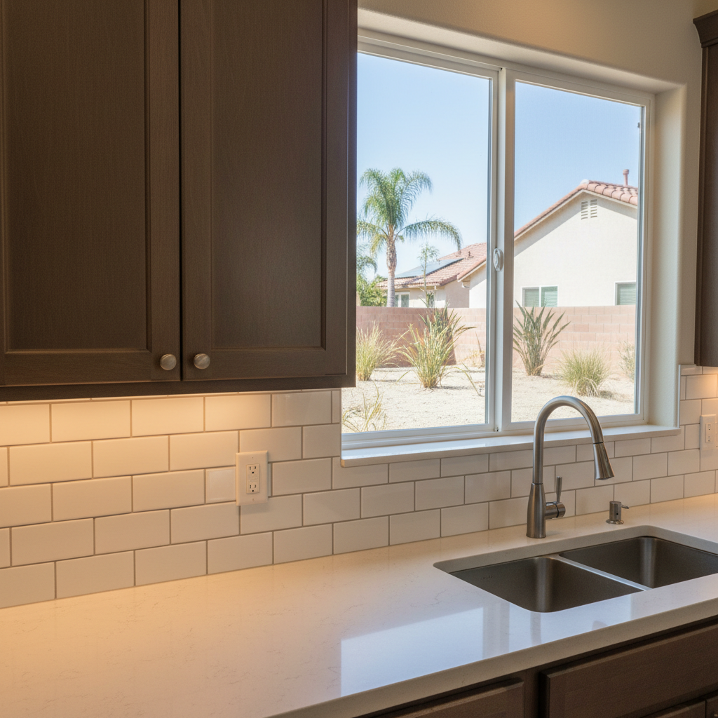 Completed backsplash installation work at a residential property in Ontario, CA