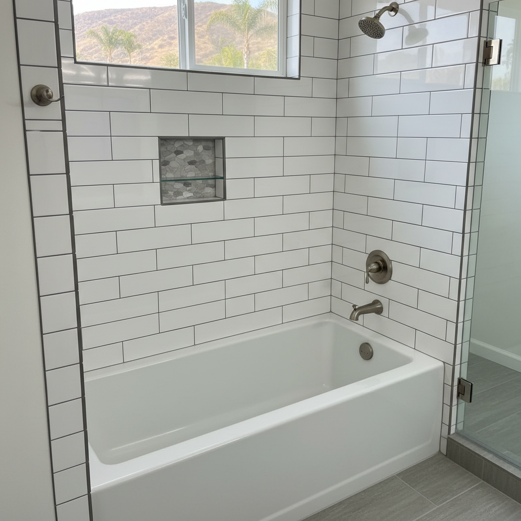 Completed bathtub and shower installation work at a residential property in Bell Gardens, CA