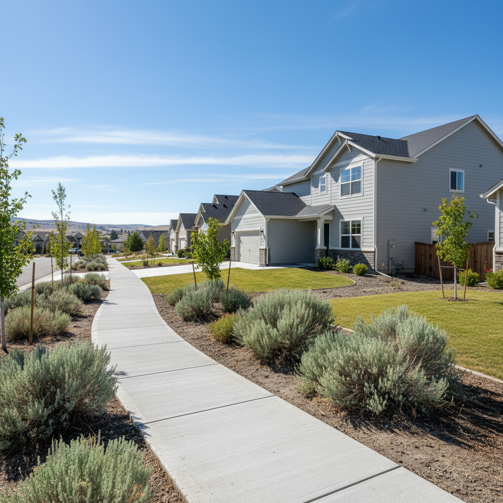 Completed concrete sidewalks work at a residential property in Moses Lake, WA