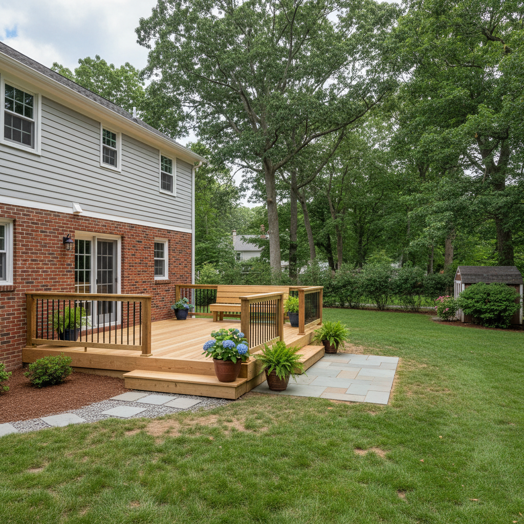 Completed wooden decks work at a residential property in Cambridge, MA