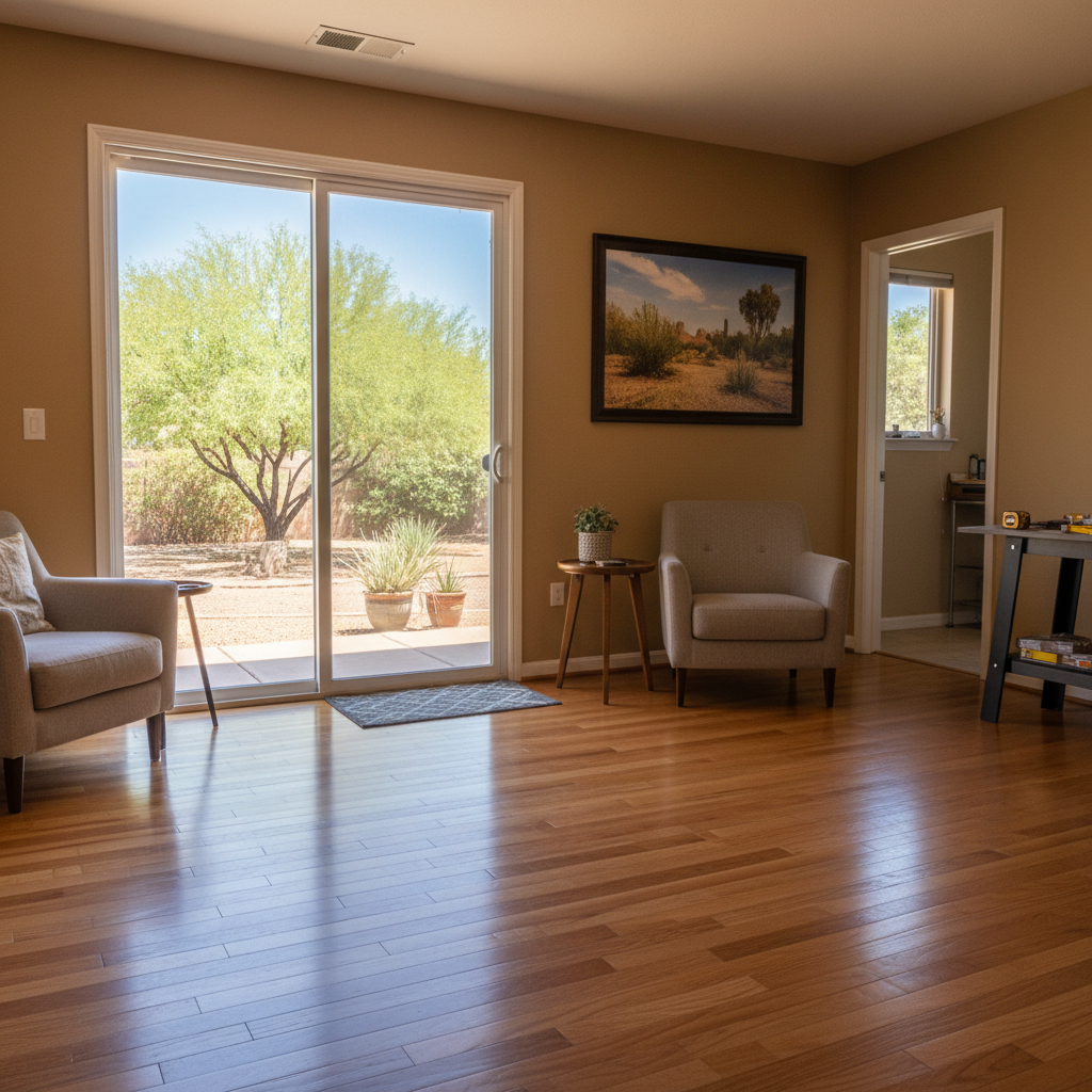 Completed hardwood floor water damage restoration work at a residential property in Bapchule, AZ