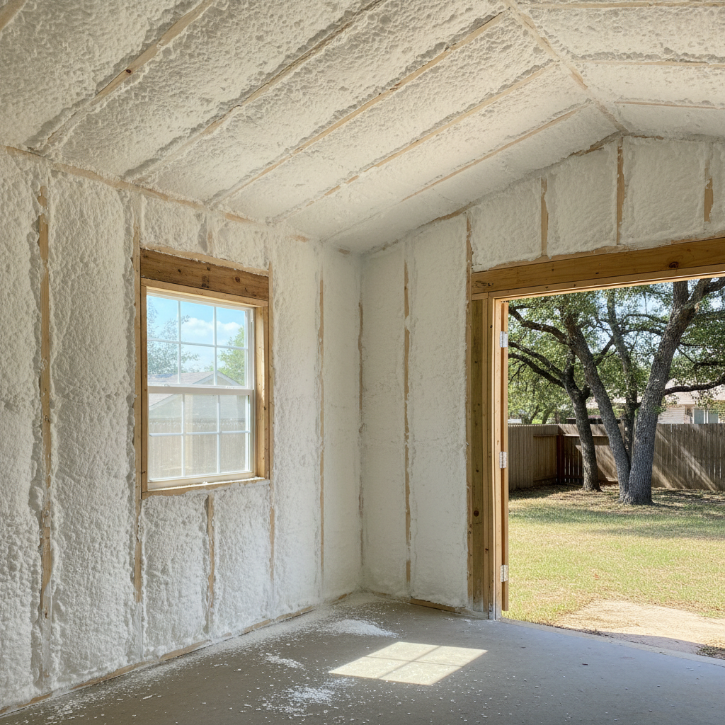 Completed shed insulation work at a residential property in Seguin, TX