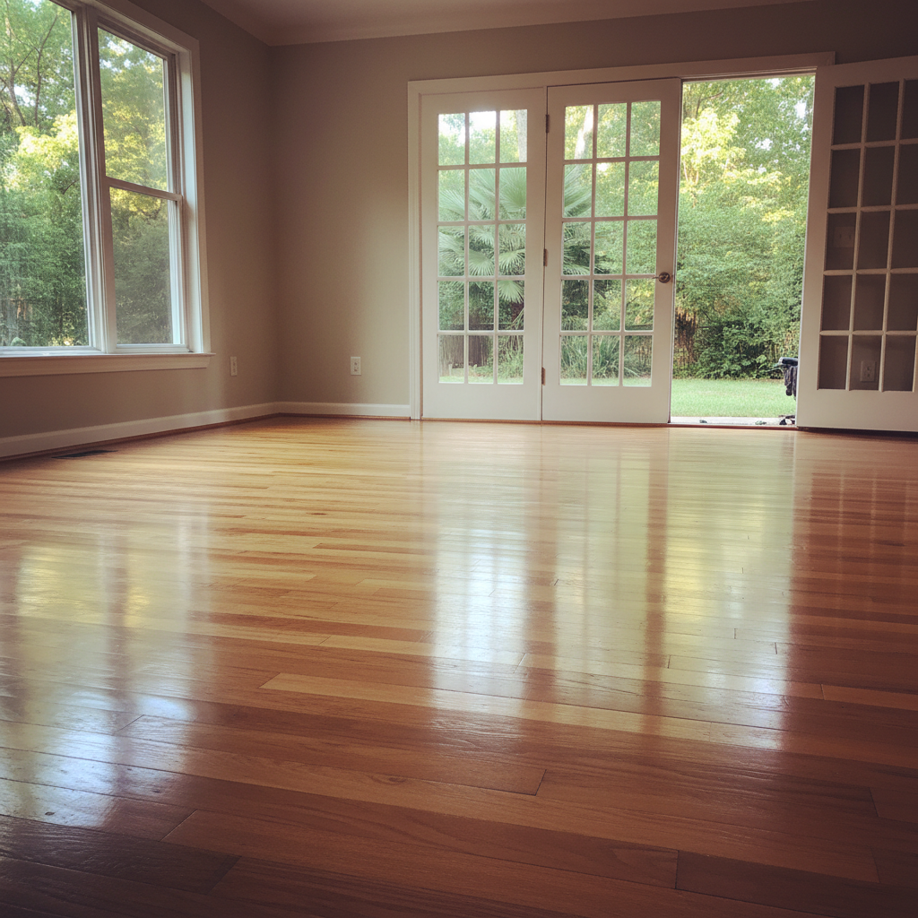 Completed hardwood floor water damage restoration work at a residential property in Peachtree Corners, GA