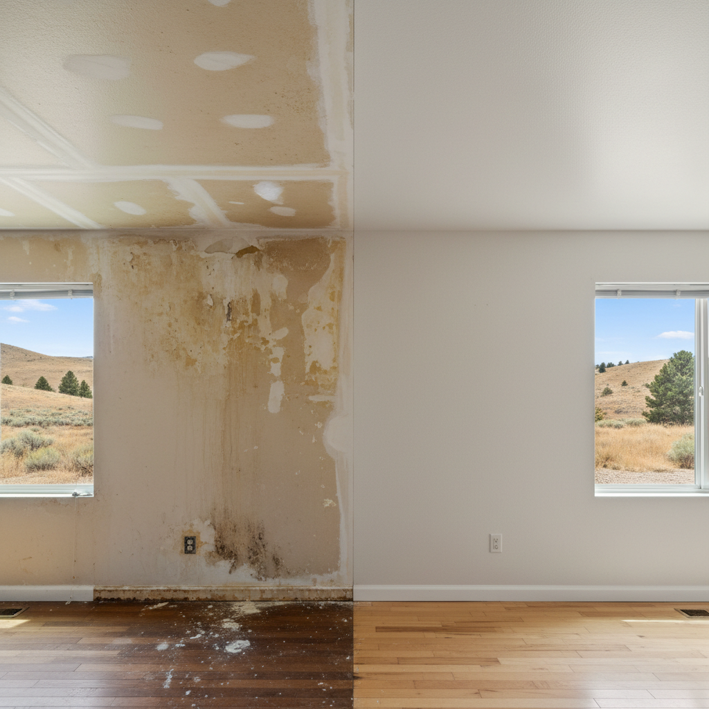 Completed roof leak water damage repair work at a residential property in Boise, ID