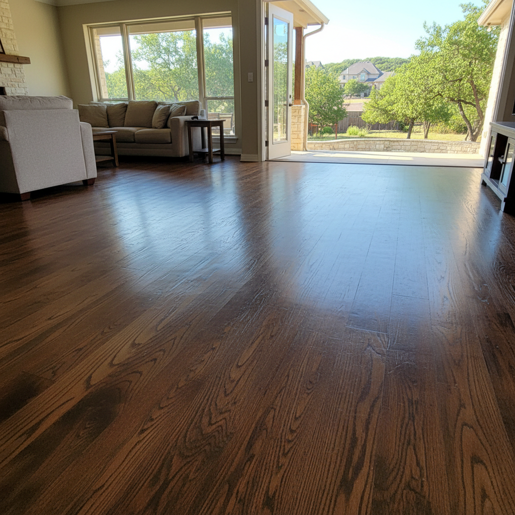 Completed hardwood floor water damage restoration work at a residential property in Dripping Springs, TX