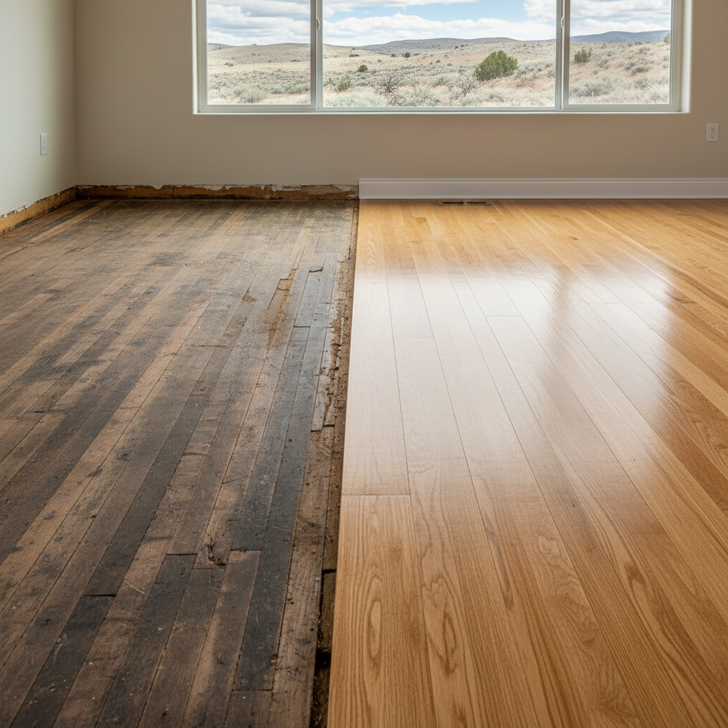Completed hardwood floor water damage restoration work at a residential property in Notus, ID